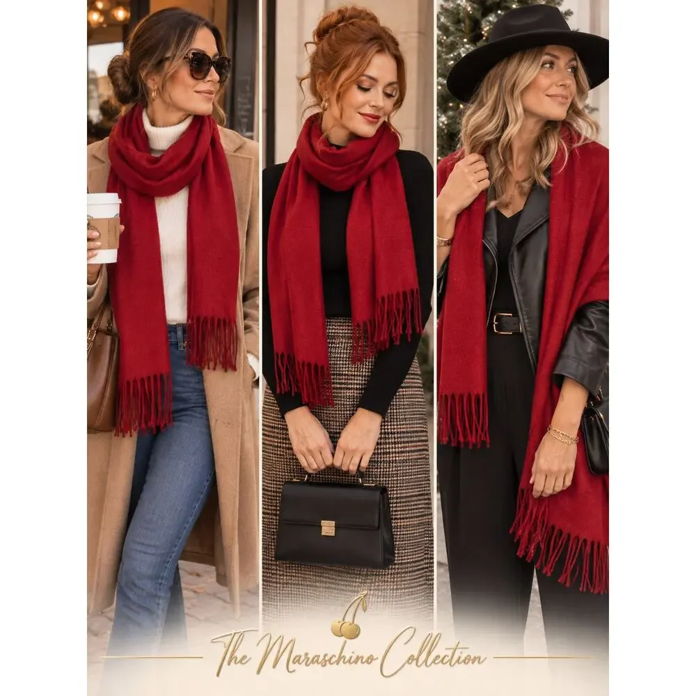 Red Cashmink Scarf Fringe Quiet Luxury Old Money Winter Holiday 64x13